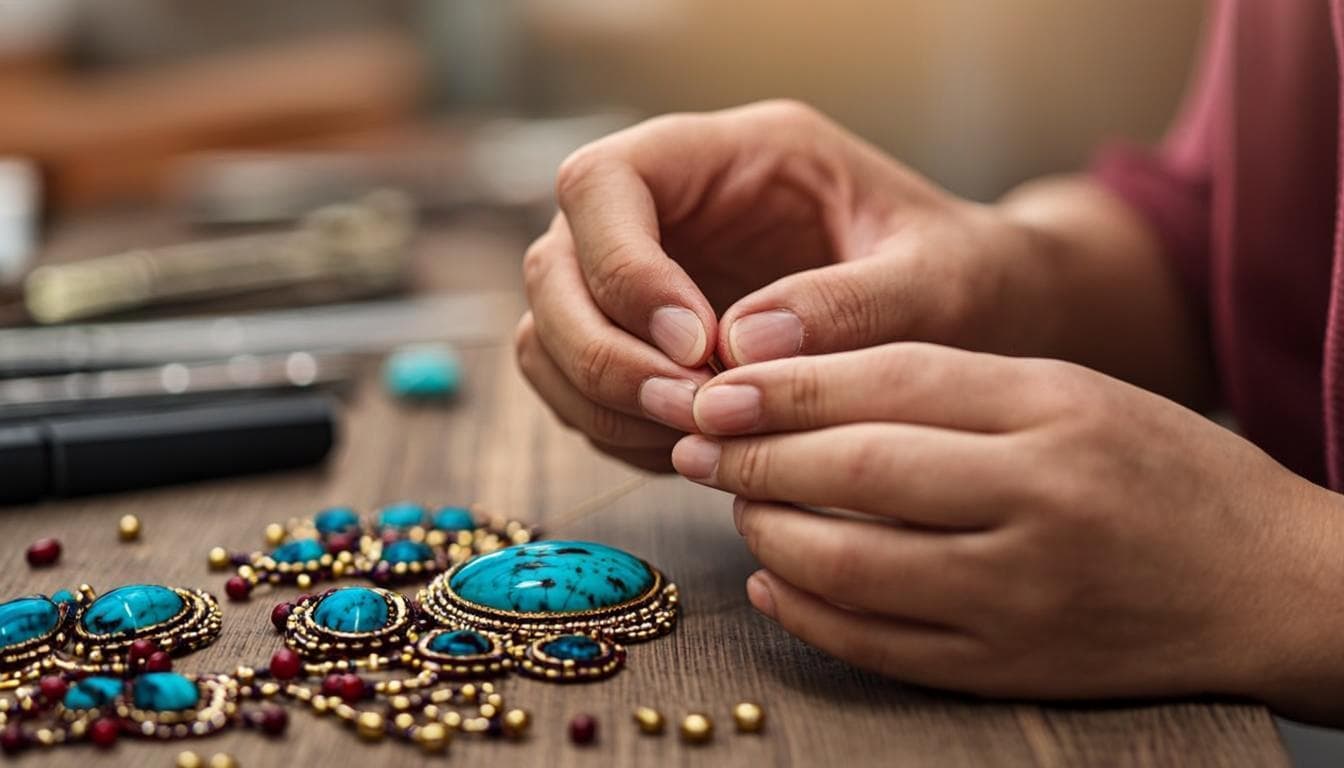 Artesana tejiendo joyas a mano en Perú