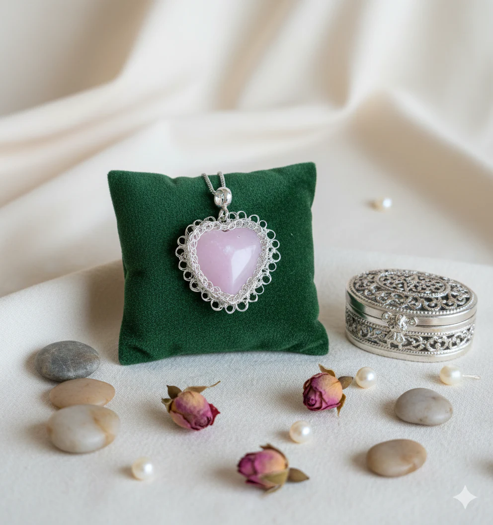 Dije Engaste Corazón Cuarzo Rosa